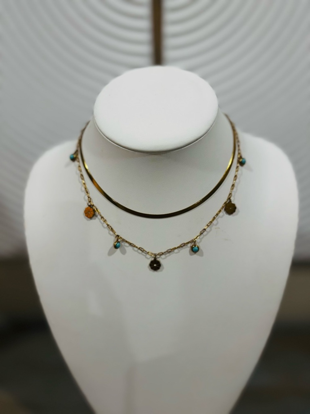 Gold Layered Choker Necklace with Turquoise and Coin Charms